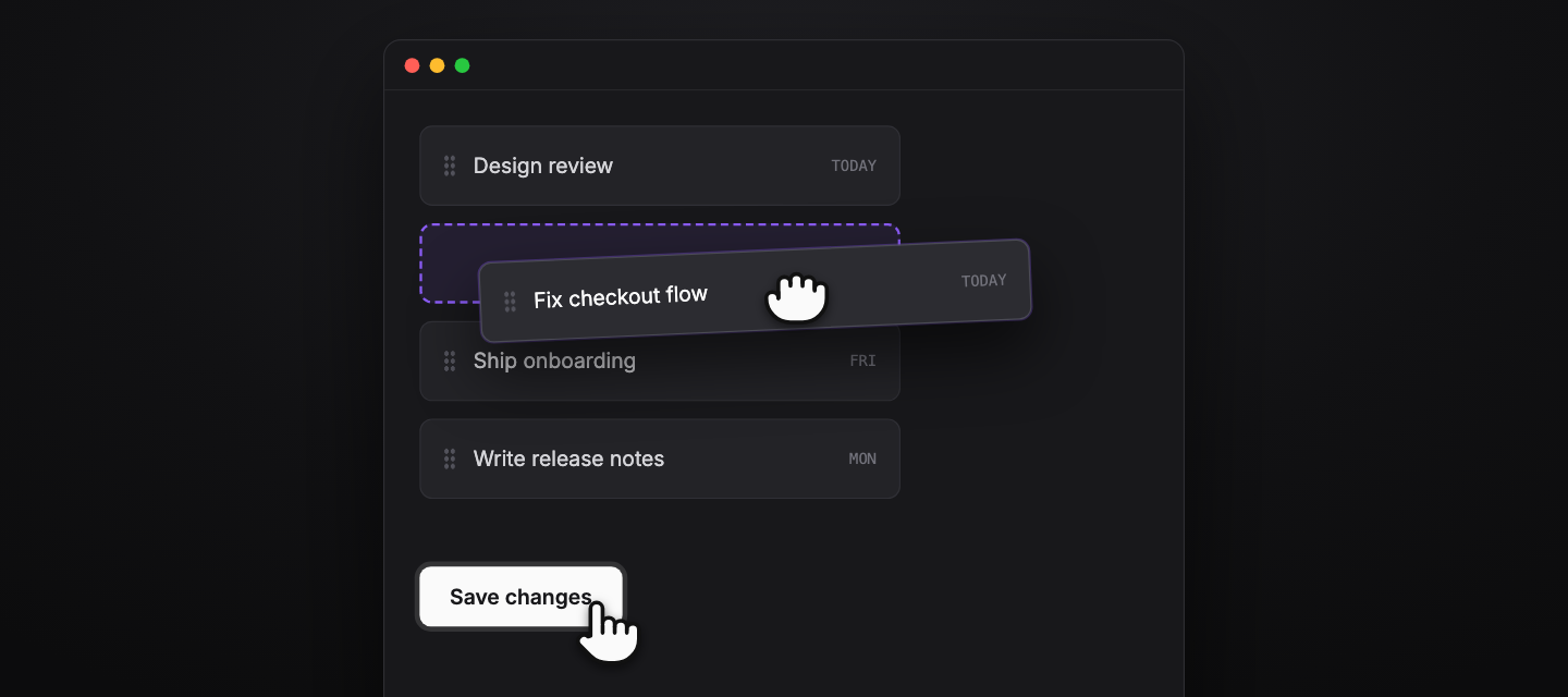 A card being dragged with a grabbing cursor over a dashed drop slot, and a pointer cursor on a Save changes button